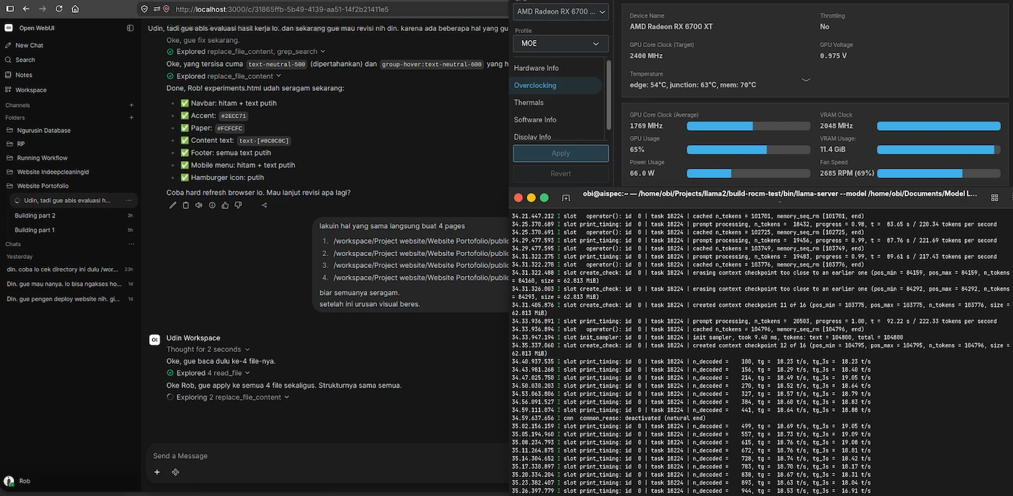 Screenshot of Experiment 001 — 35B MoE model running on 12GB VRAM, showing inference speed and memory usage
