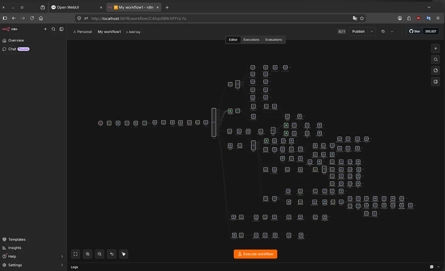 Screenshot 1 of Experiment 004 — digital employees workflow overview with 266 nodes