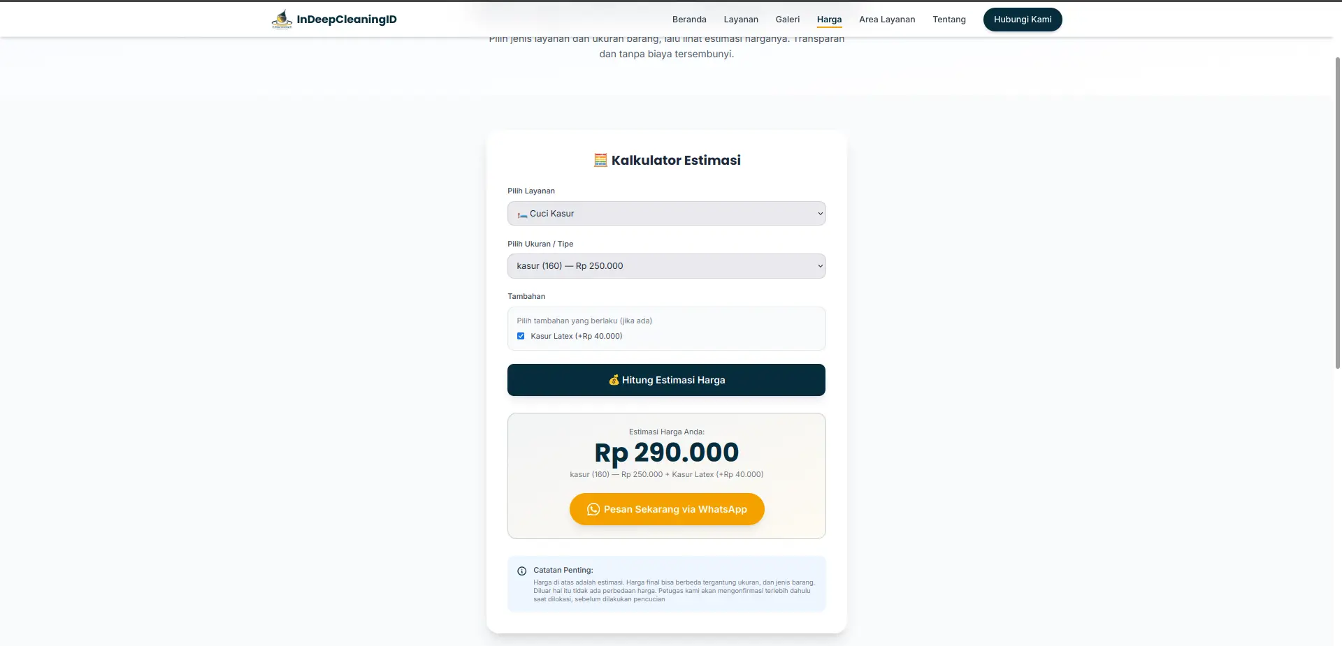 Screenshot 3 — cost estimation calculator UI with 22 service categories and 44 price items and WhatsApp deep-link