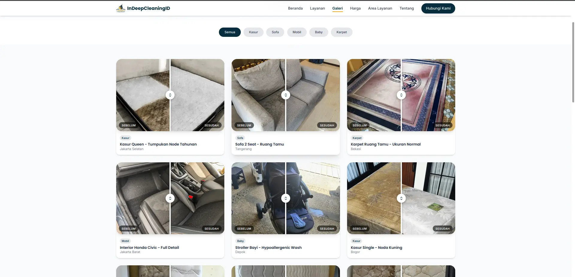 Screenshot 2 — gallery layout with 14 before-after sliders and category filter buttons