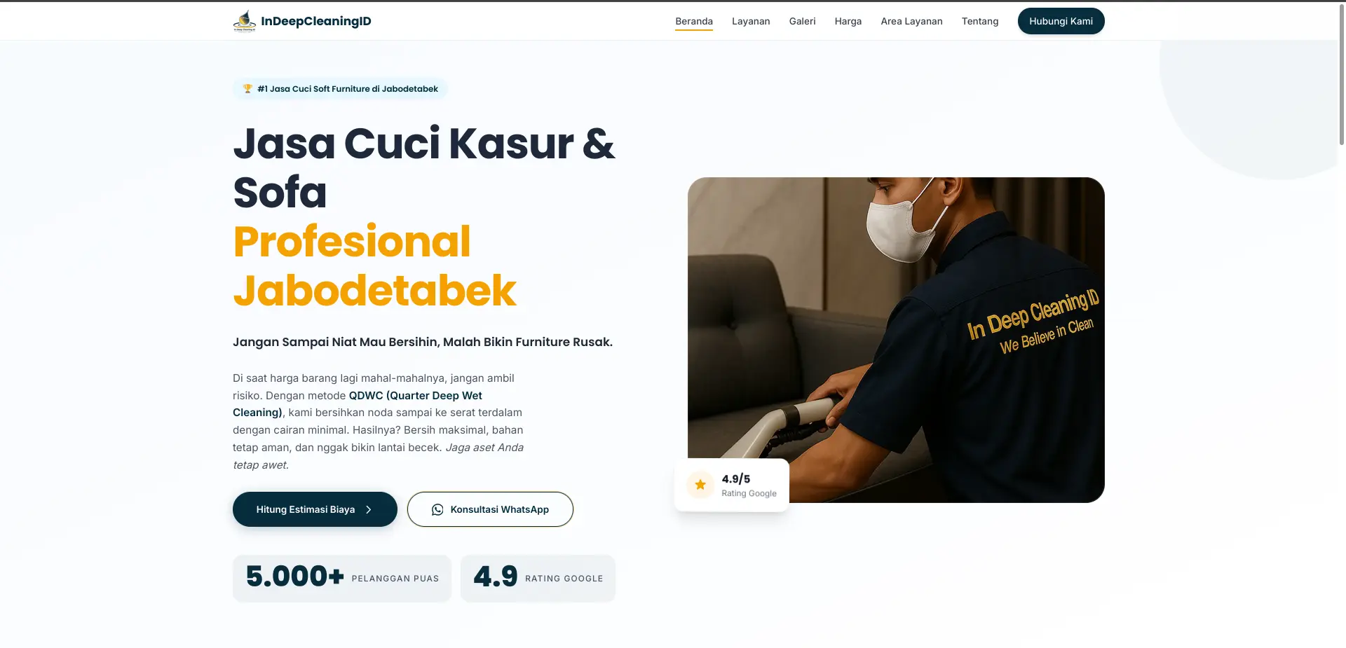 Screenshot 1 — homepage layout of InDeepCleaningID business website with hero, badge, CTA and services grid