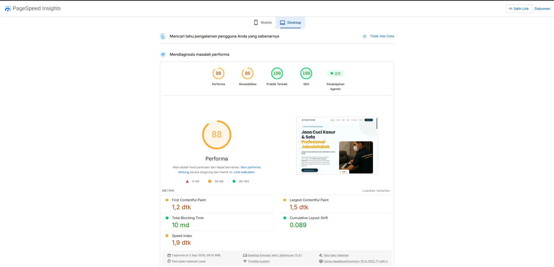 Pagespeed Insights desktop version — performance 88, accessibility 86, best practices 100, SEO 100