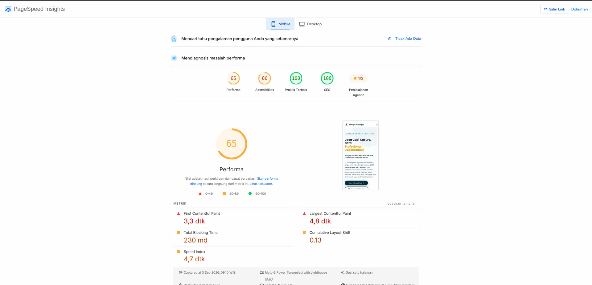 Pagespeed Insights mobile version — performance 65, accessibility 86, best practices 100, SEO 100