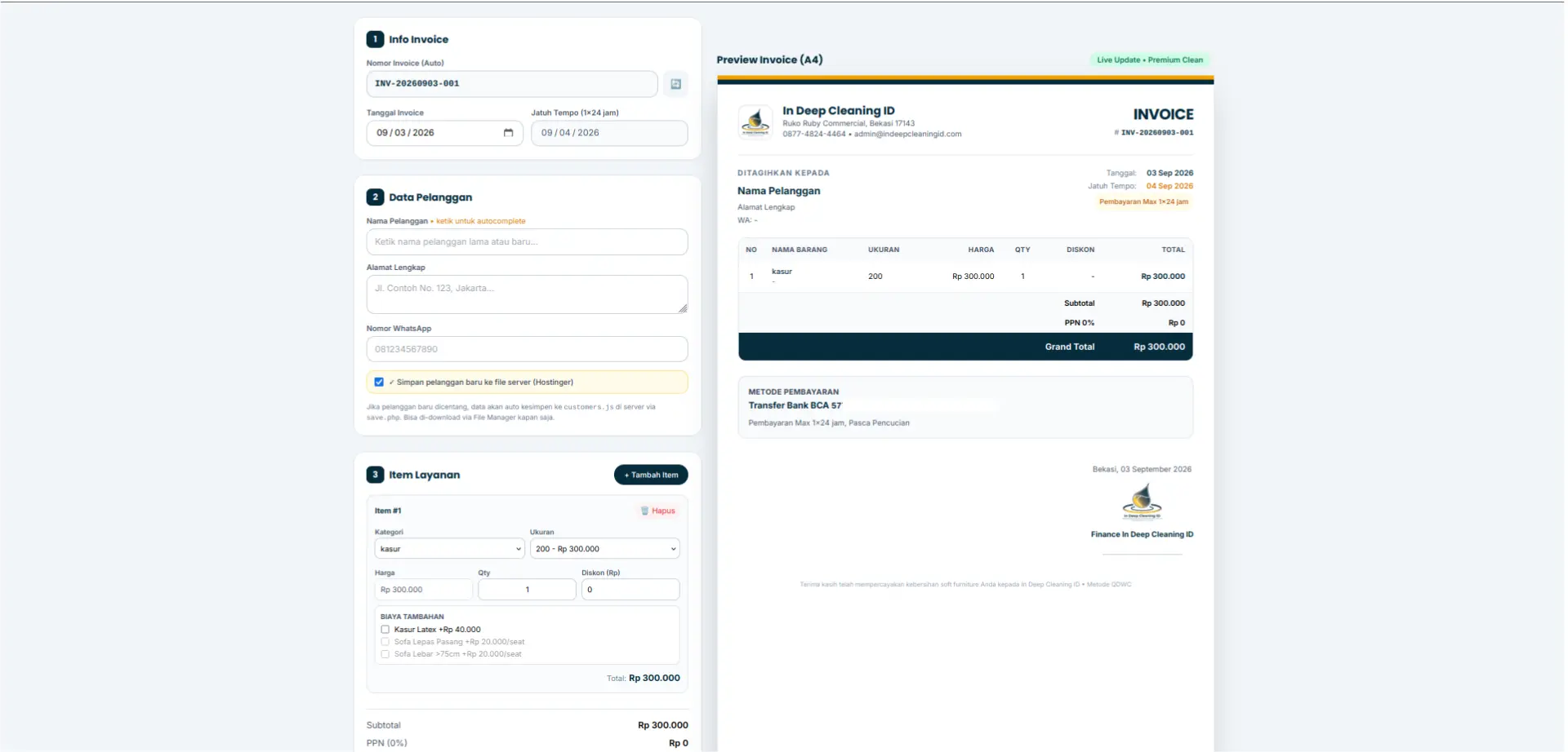 Screenshot 1 — invoice generator desktop with left form (customer, items, totals) and right live A4 preview
