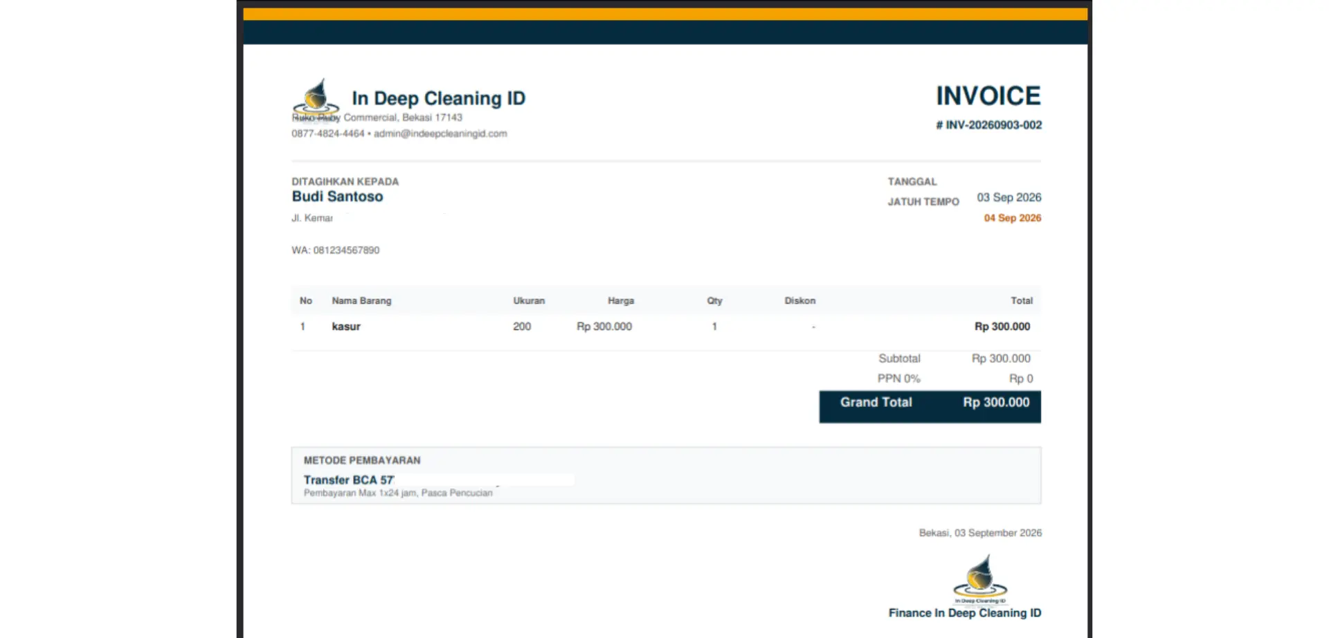 Screenshot 3 — generated PDF with selectable text, BCA bank account can be highlighted and copied