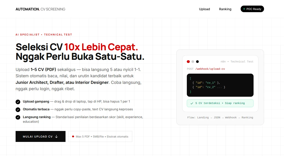 Screenshot 1 — hero of CV screening landing page — Seleksi CV 10x Lebih Cepat, upload 1-5 PDF, webhook card