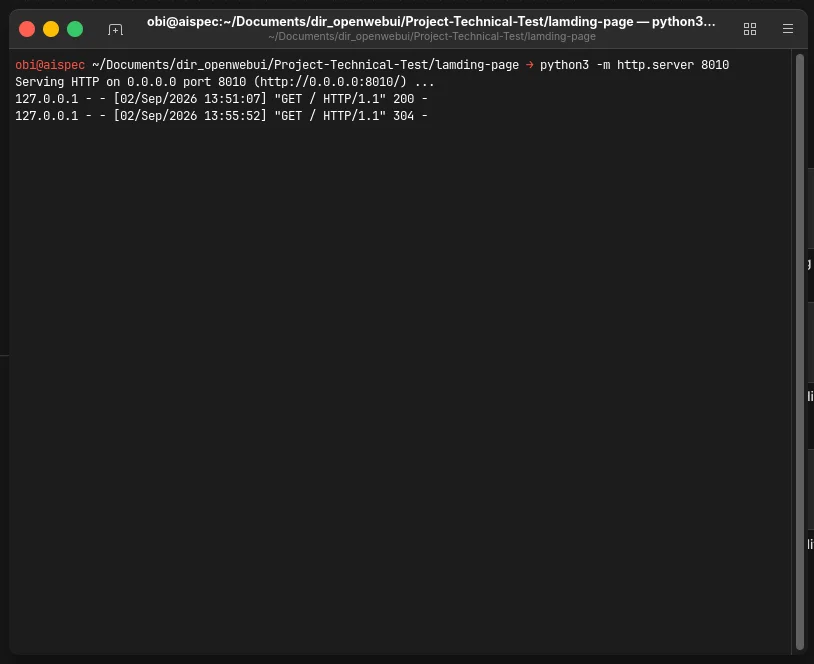 Screenshot 5 — local server running on private computer via Python, localhost:8010