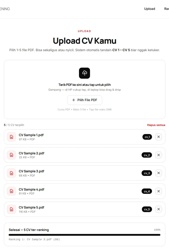 Screenshot 2 — upload queue showing 5 files with badges cv_1..cv_5, size, remove X, drag & drop zone