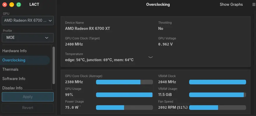 LACT tuning during ROCm benchmark — Manual Compute 182W minus 90mV VRAM 1900MHz