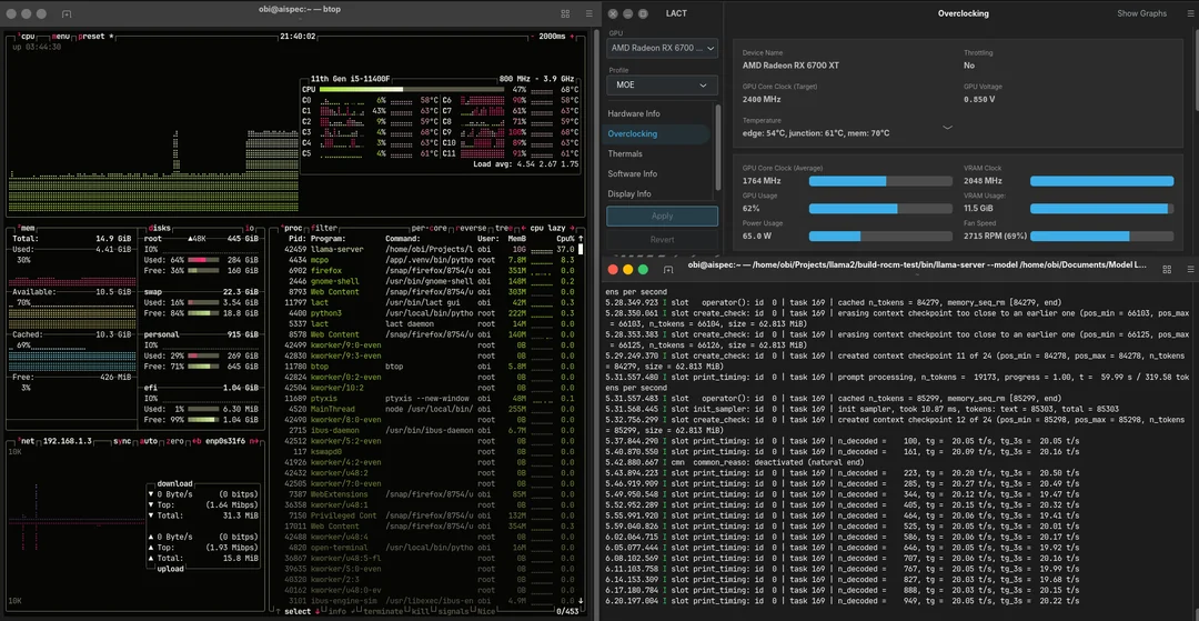 Decode performance btop lact and llama log in one frame