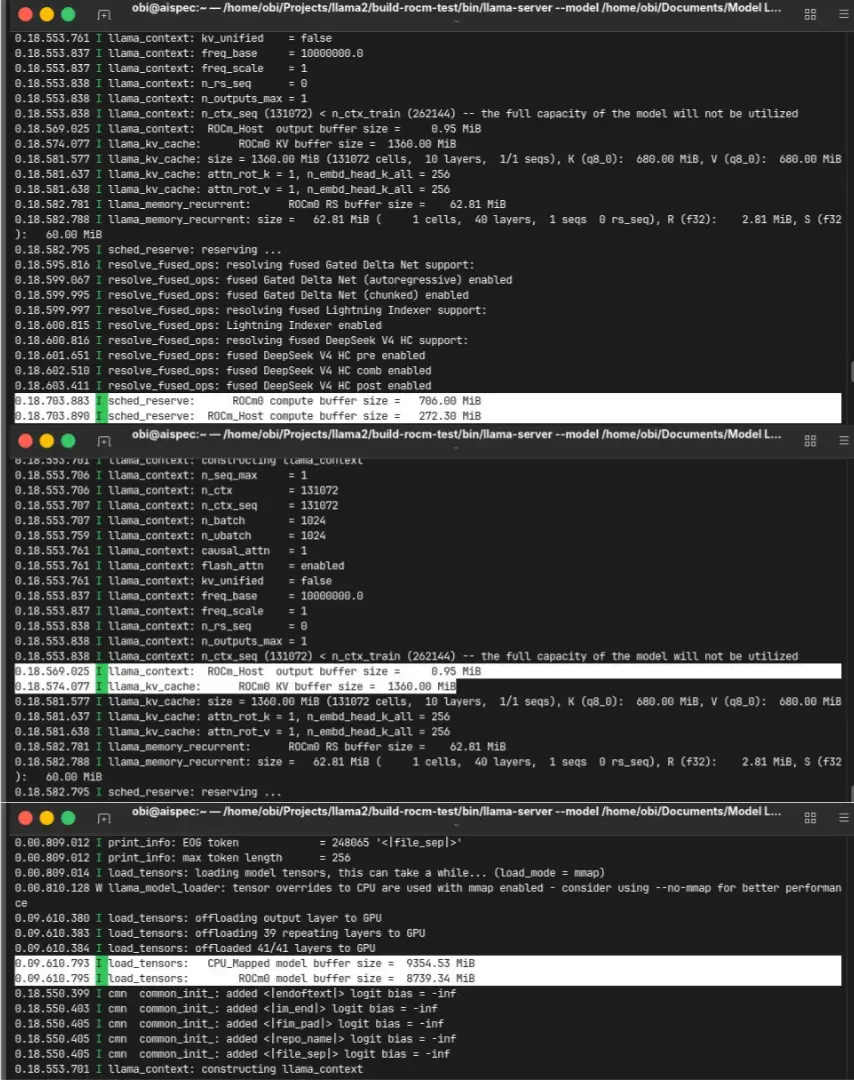 Evidence ROCm native llama server log long context stable