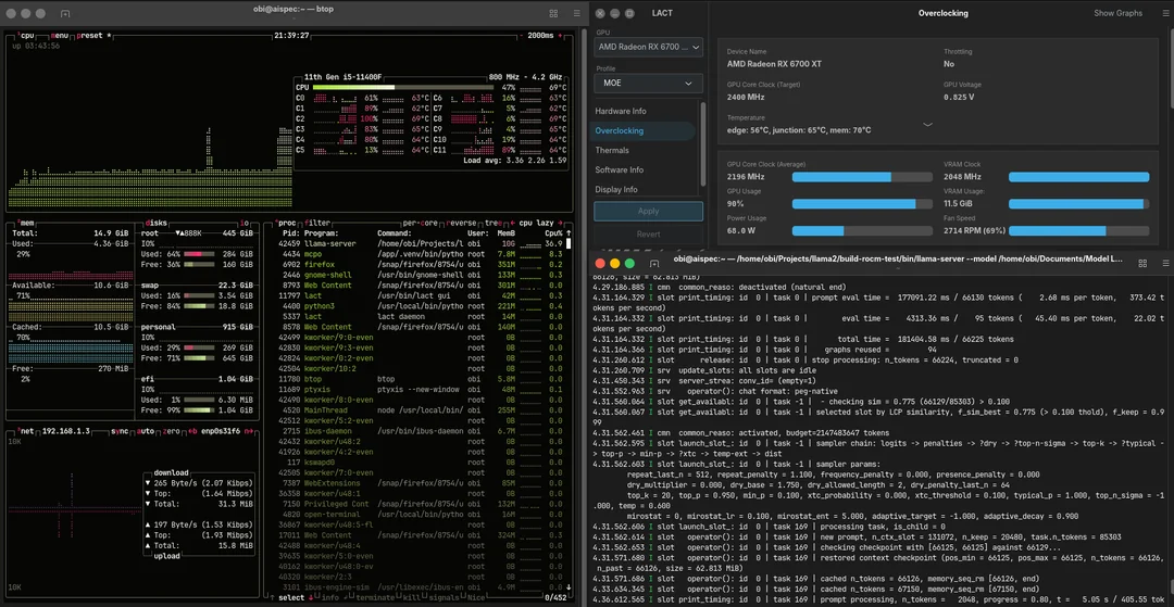 Prefill performance btop lact and llama log in one frame