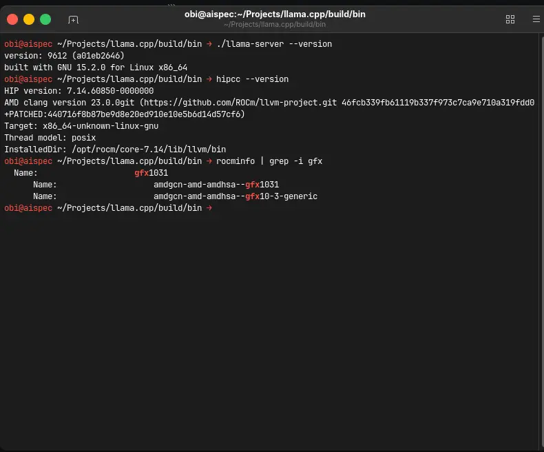 Terminal versions llama-server hipcc rocminfo proving native gfx1031