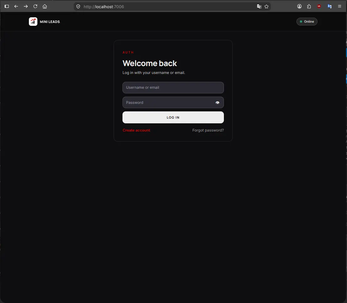 Mini Leads CRM login screen in dark mode — Robby Aliasa Akbar