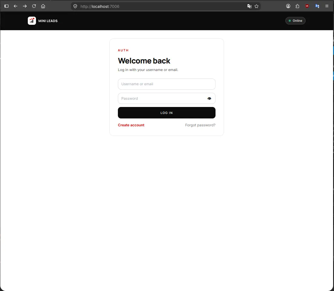 Mini Leads CRM login screen in light mode — Robby Aliasa Akbar