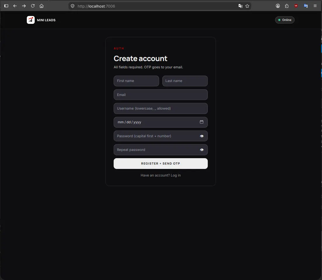 Mini Leads CRM registration screen in dark mode — Robby Aliasa Akbar
