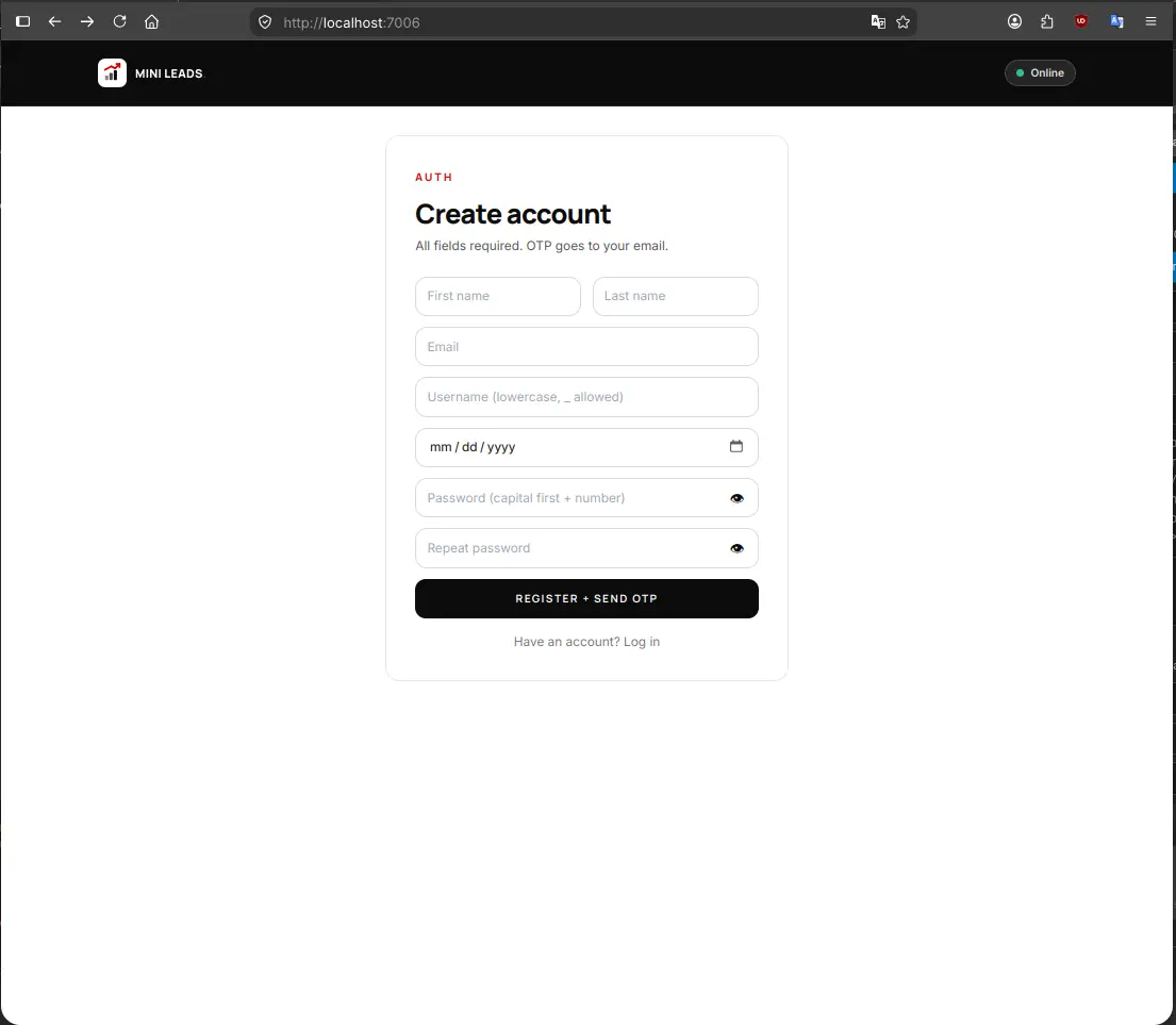 Mini Leads CRM registration screen in light mode — Robby Aliasa Akbar