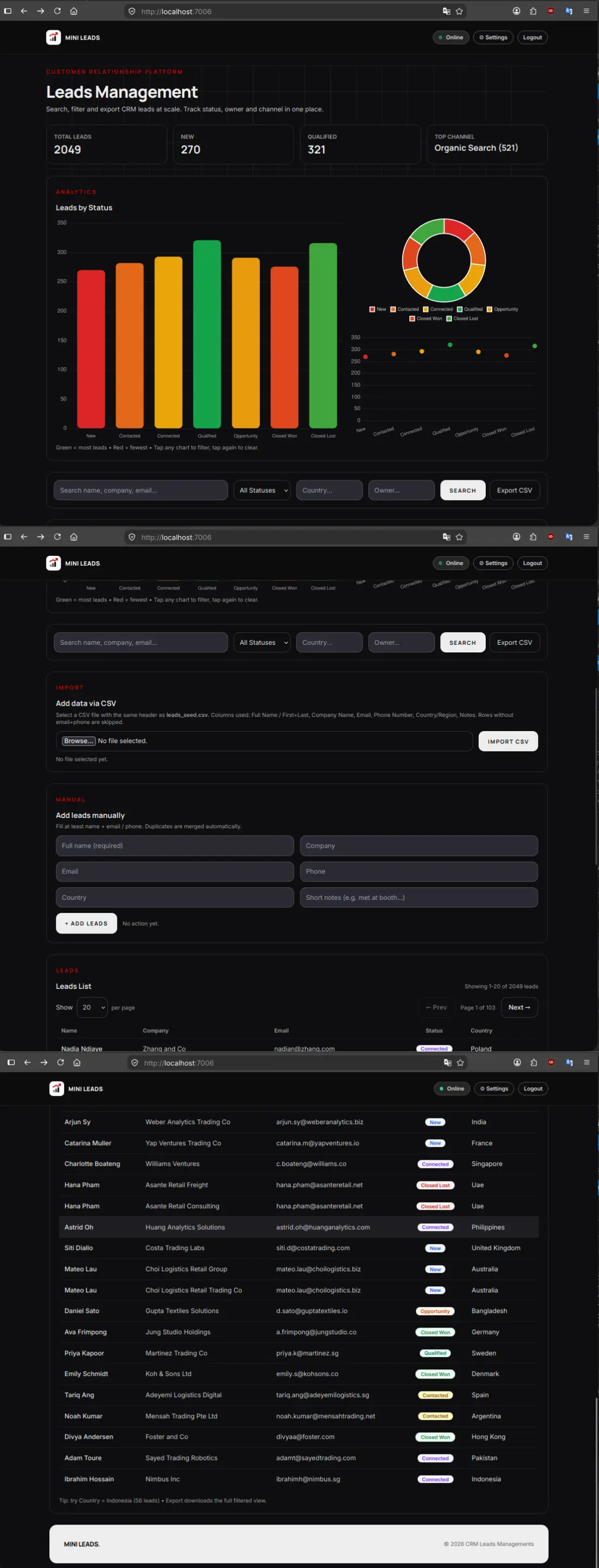 Mini Leads CRM homepage dashboard in dark mode — Robby Aliasa Akbar