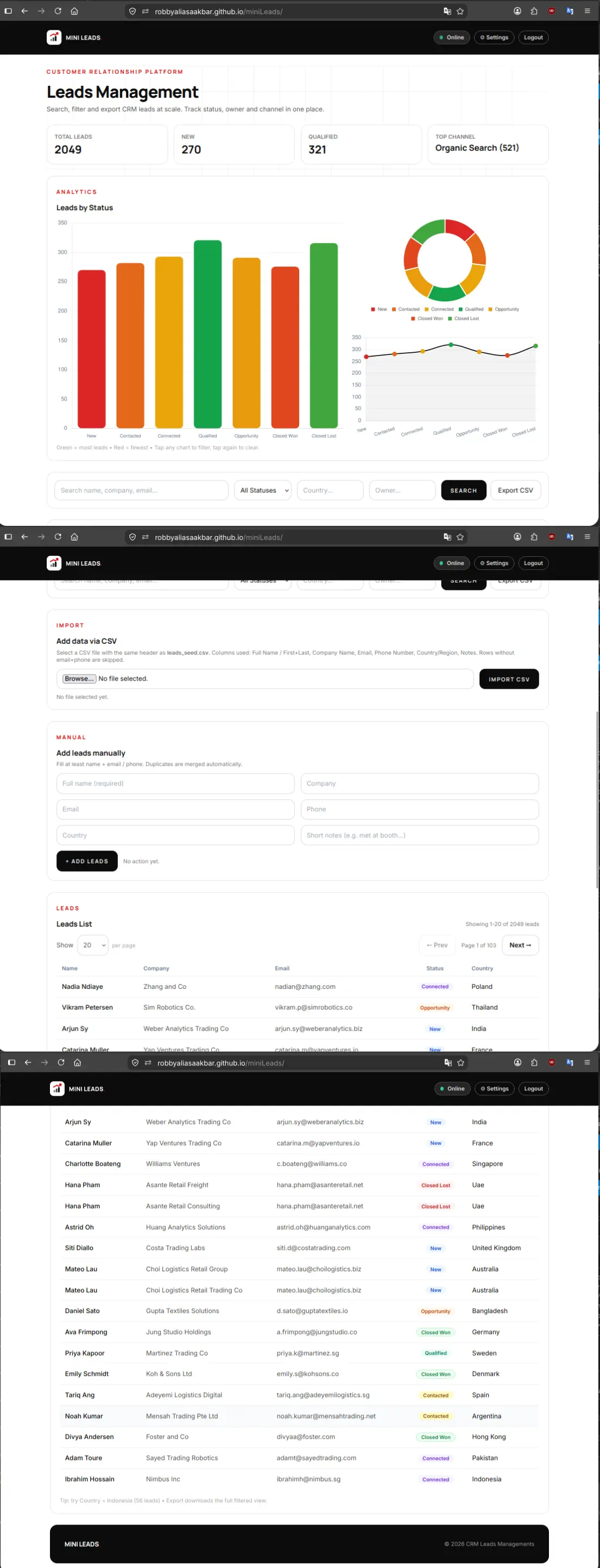 Mini Leads CRM homepage dashboard in light mode — Robby Aliasa Akbar