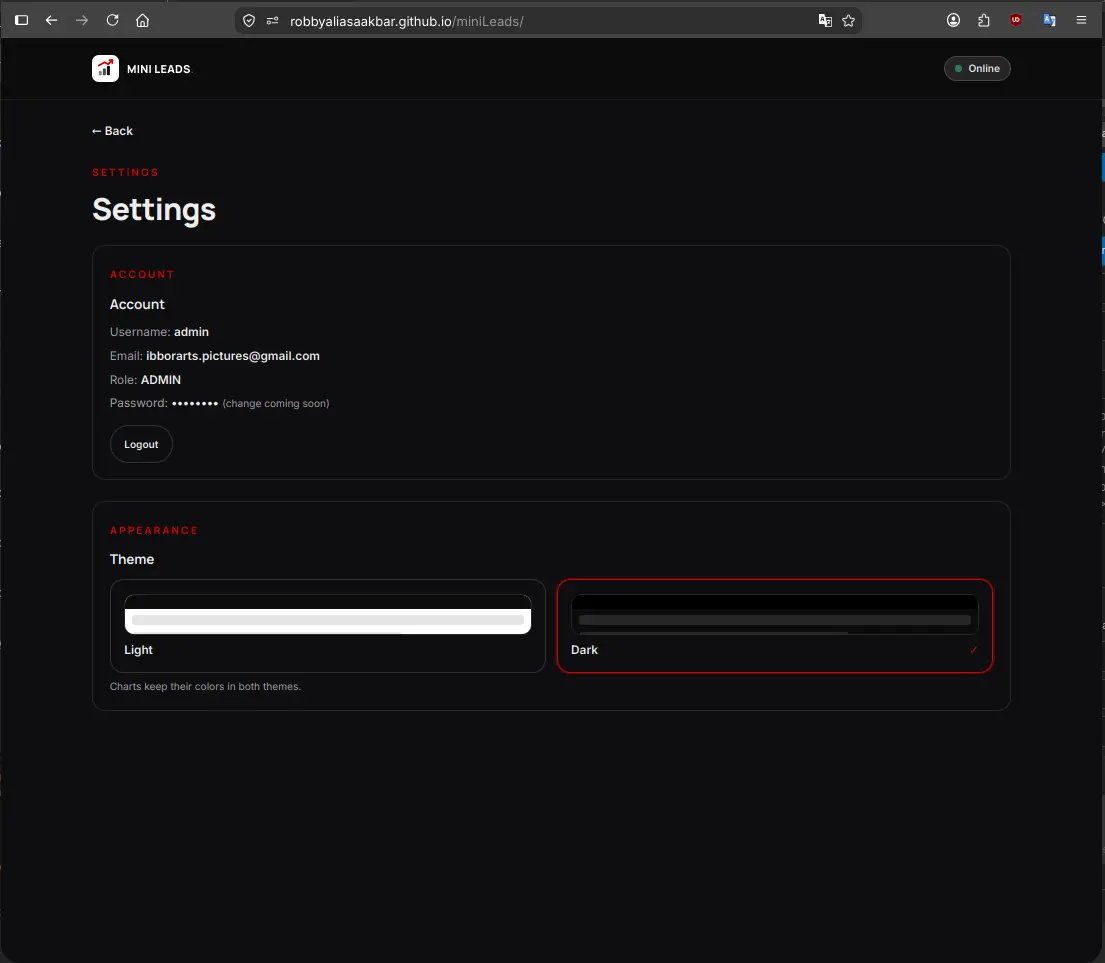 Mini Leads CRM settings page in dark mode — Robby Aliasa Akbar