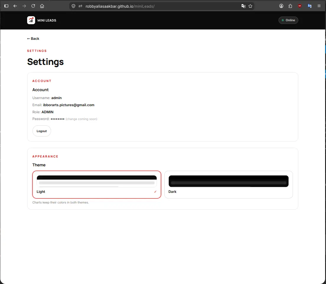 Mini Leads CRM settings page in light mode — Robby Aliasa Akbar