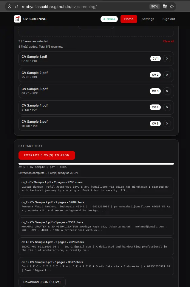 CV Screening in-browser PDF extraction to JSON in dark mode - Robby Aliasa Akbar