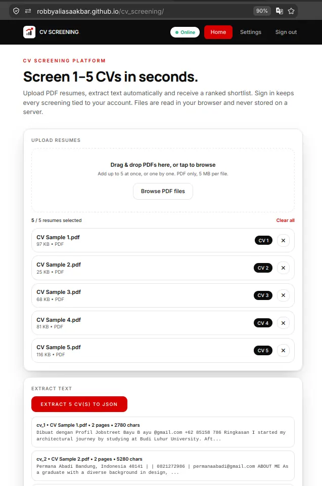 CV Screening in-browser PDF extraction to JSON in light mode - Robby Aliasa Akbar