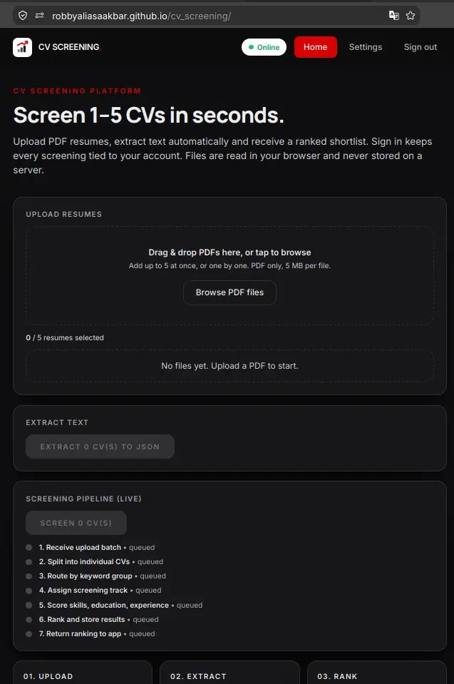 CV Screening platform hero and upload queue in dark mode - Robby Aliasa Akbar