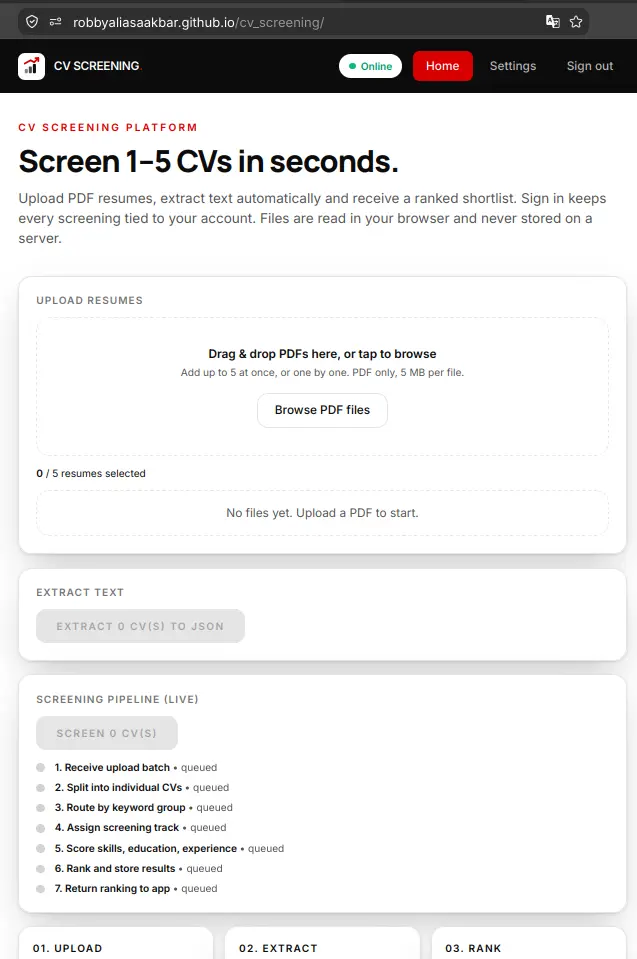 CV Screening platform hero and upload queue in light mode - Robby Aliasa Akbar
