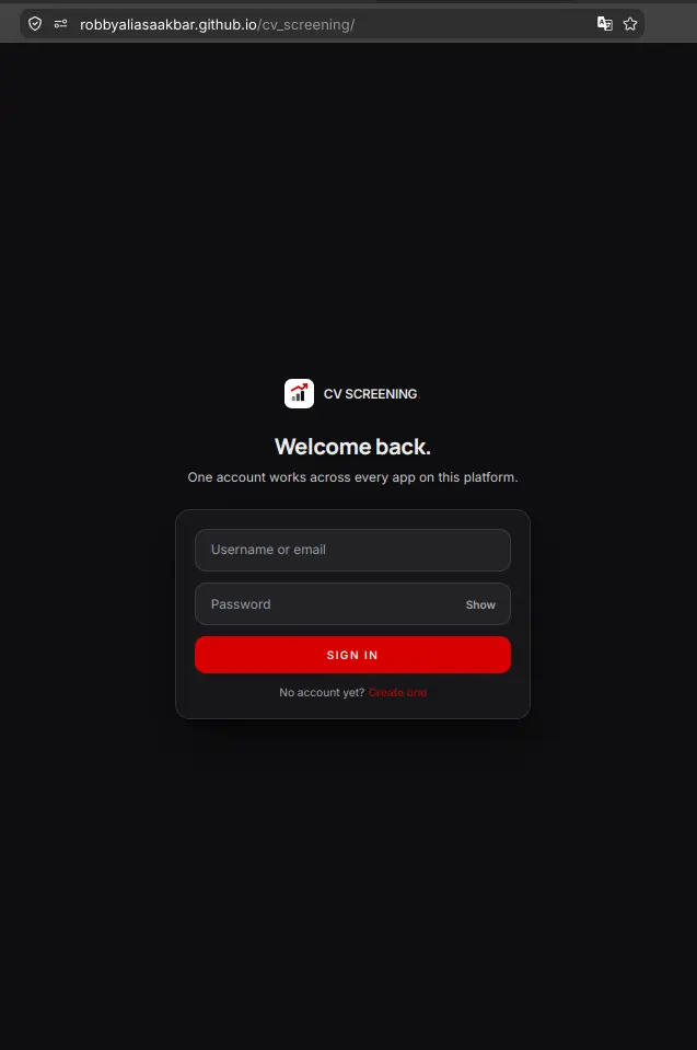 CV Screening login view in dark mode - Robby Aliasa Akbar