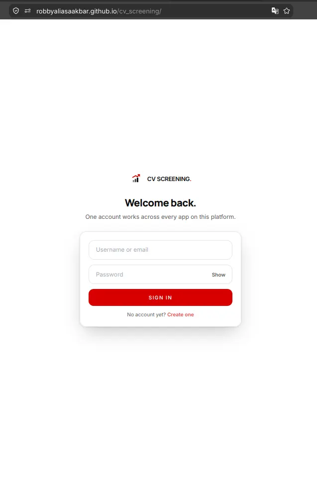 CV Screening login view in light mode - Robby Aliasa Akbar