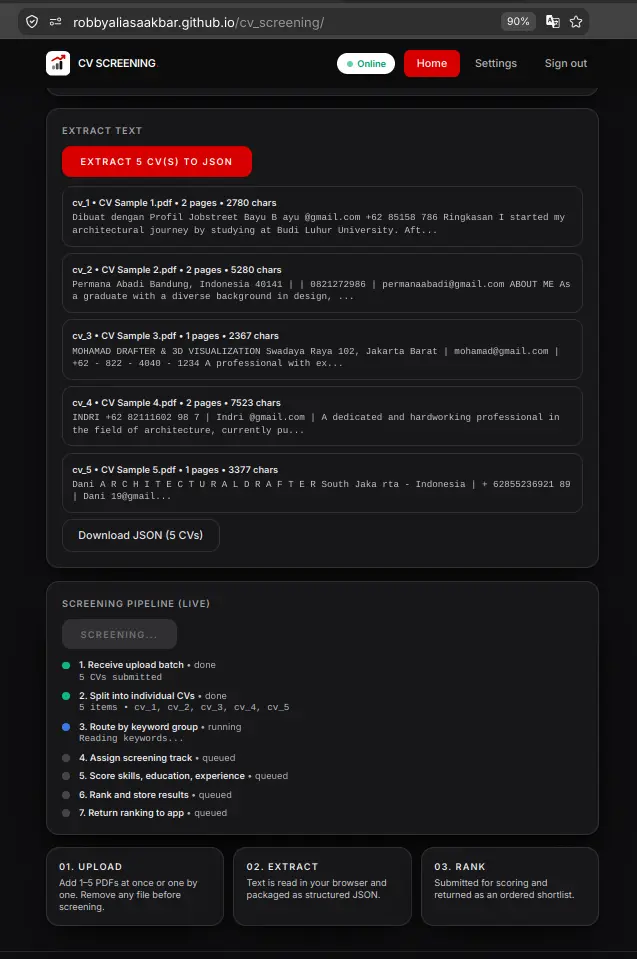 CV Screening live seven-step pipeline progress in dark mode - Robby Aliasa Akbar