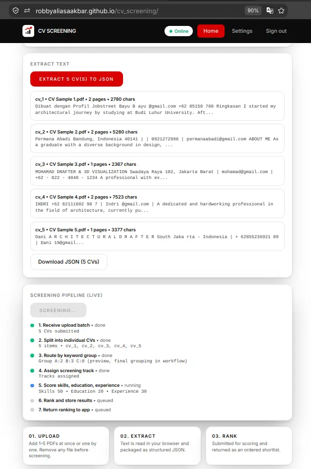 CV Screening live seven-step pipeline progress in light mode - Robby Aliasa Akbar