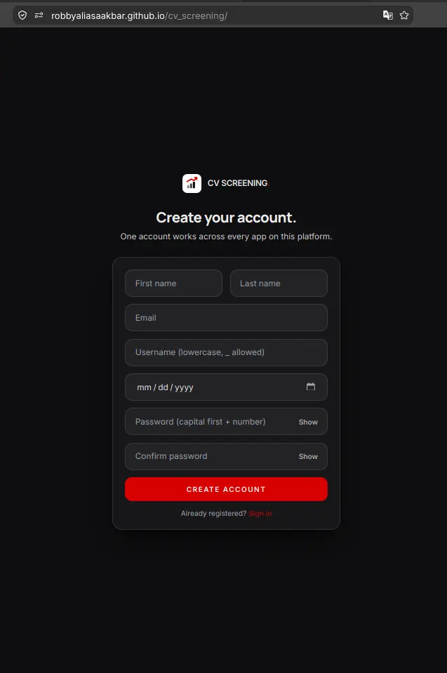 CV Screening registration view in dark mode - Robby Aliasa Akbar