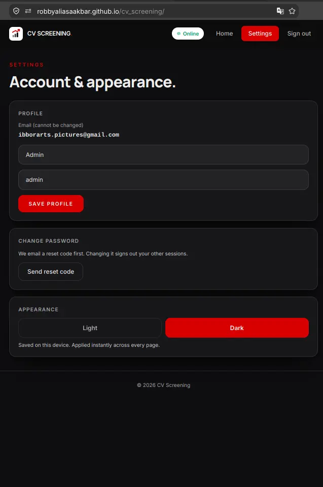 CV Screening settings and profile edit view in dark mode - Robby Aliasa Akbar