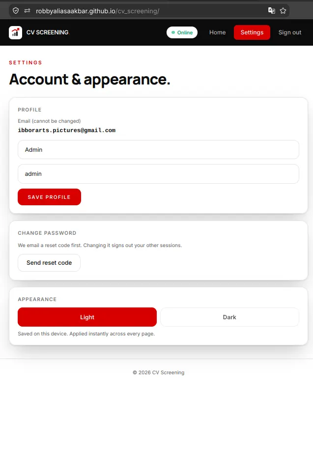 CV Screening settings and profile edit view in light mode - Robby Aliasa Akbar