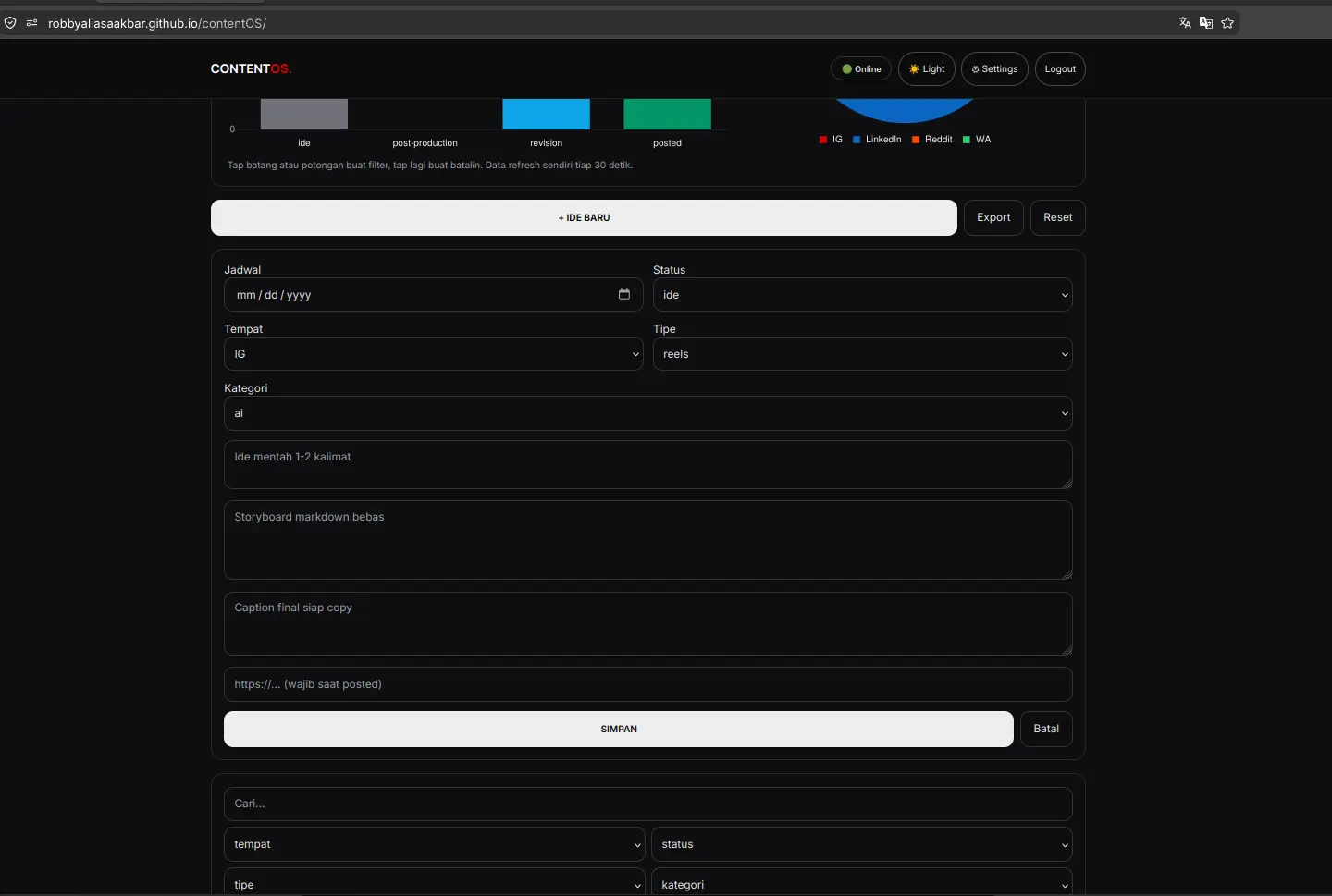 ContentOS content idea and edit form in dark mode - Robby Aliasa Akbar