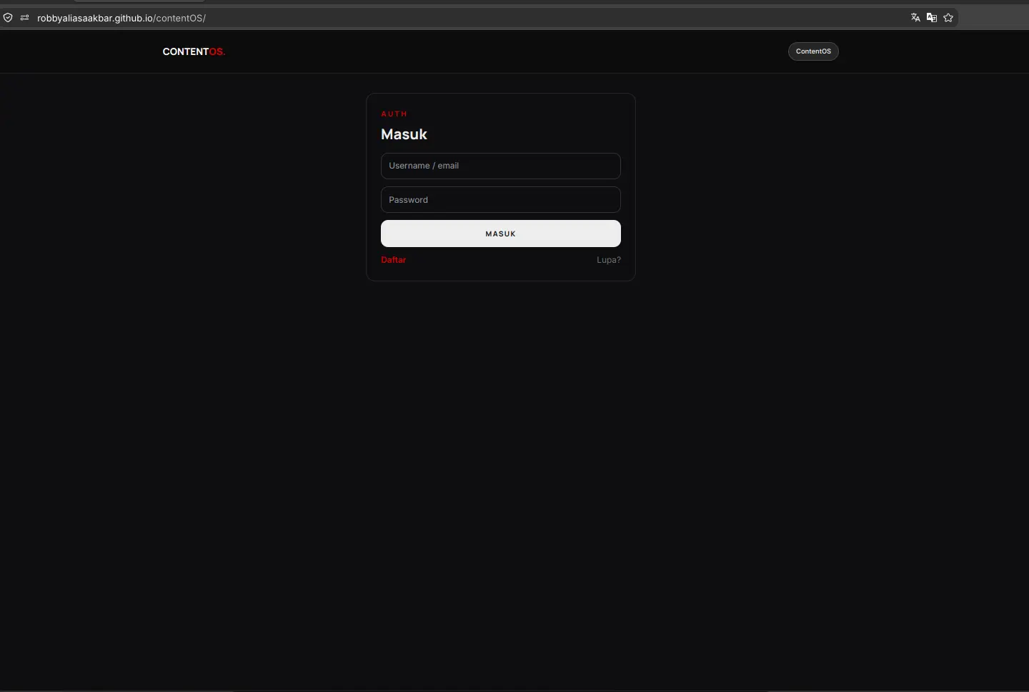 ContentOS shared authentication login view in dark mode - Robby Aliasa Akbar