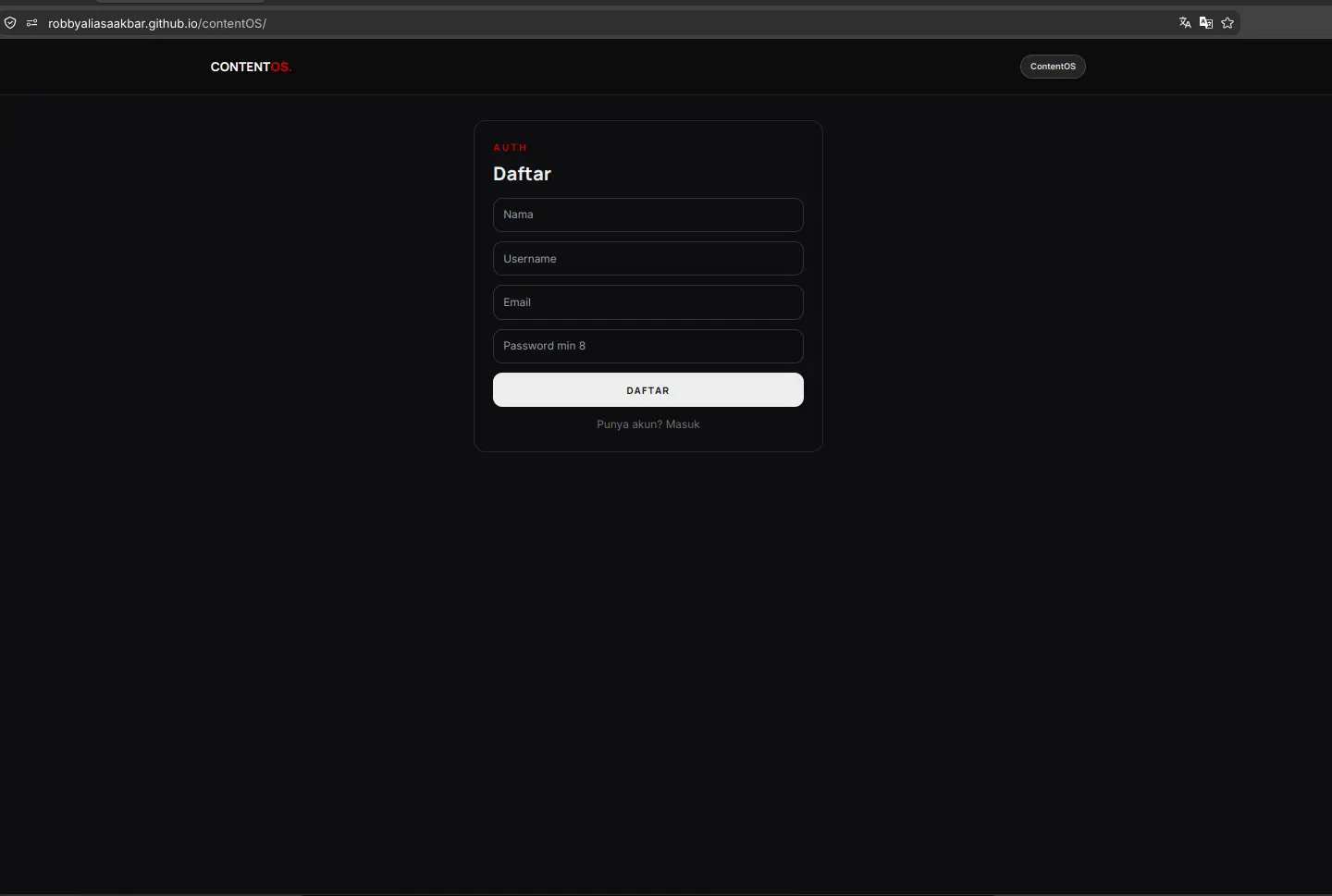 ContentOS account registration view in dark mode - Robby Aliasa Akbar