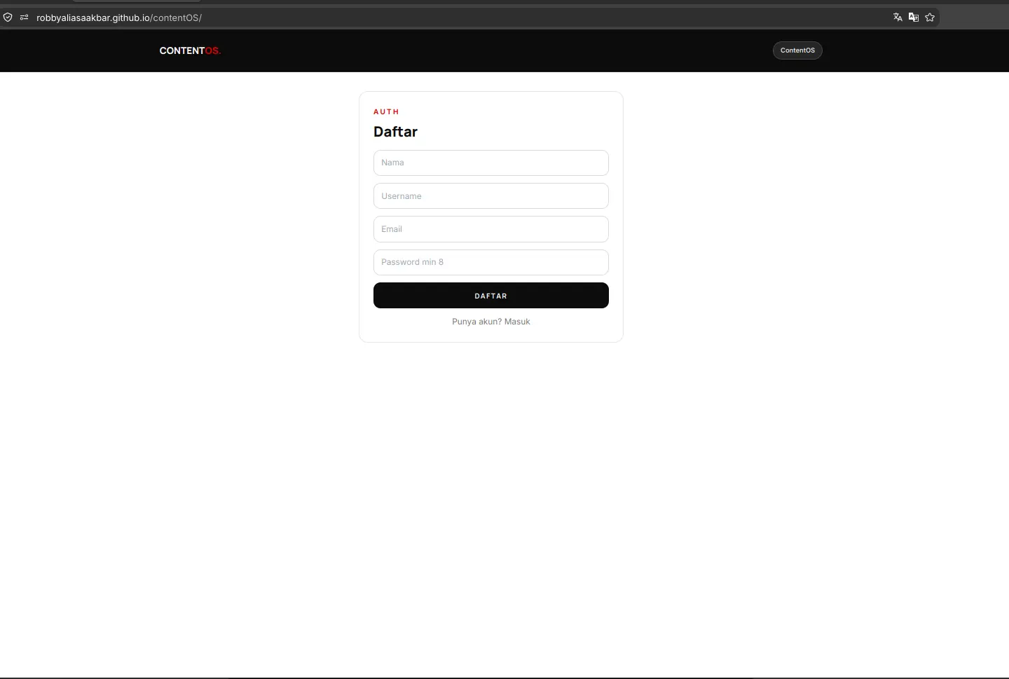 ContentOS account registration view in light mode - Robby Aliasa Akbar