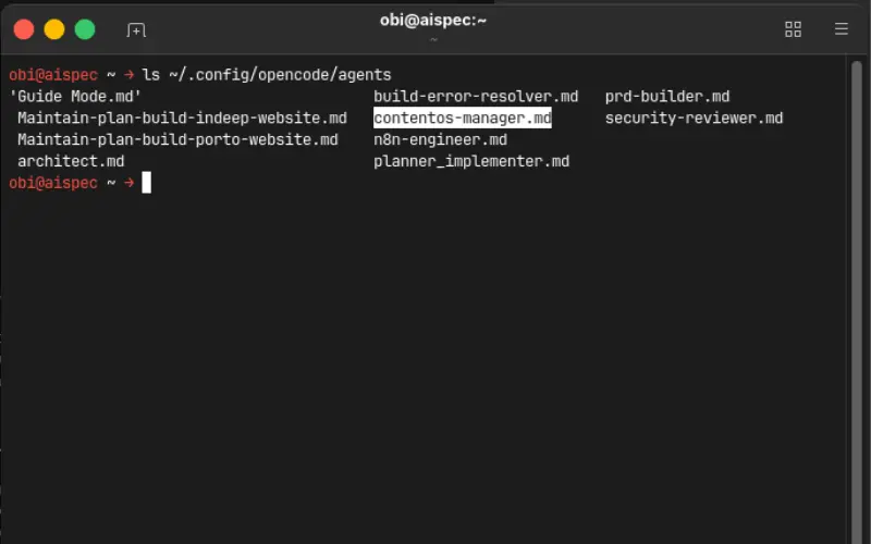 Terminal listing global opencode agents with contentos-manager highlighted - Robby Aliasa Akbar
