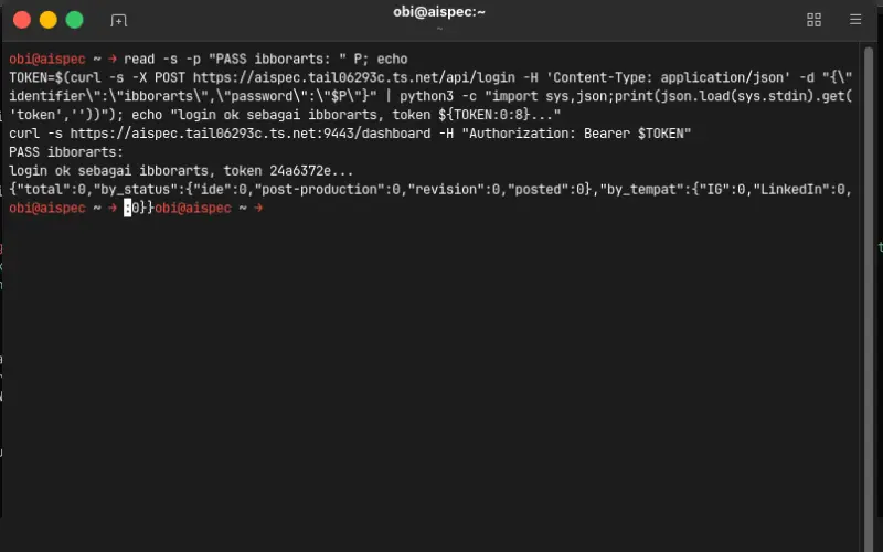 Terminal login receipt plus empty dashboard total zero - Robby Aliasa Akbar