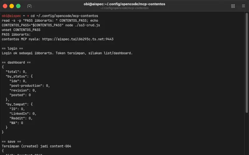 MCP transcript start with login plus empty dashboard plus created content record - Robby Aliasa Akbar