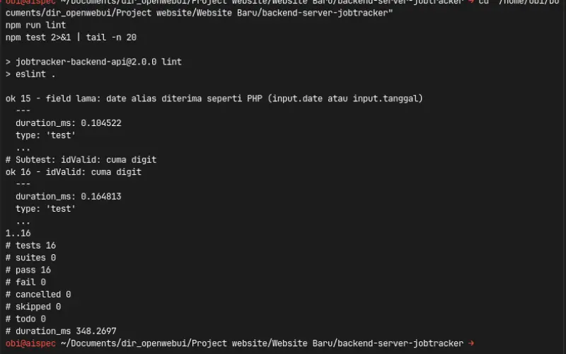 Backend lint clean and sixteen tests green - Robby Aliasa Akbar