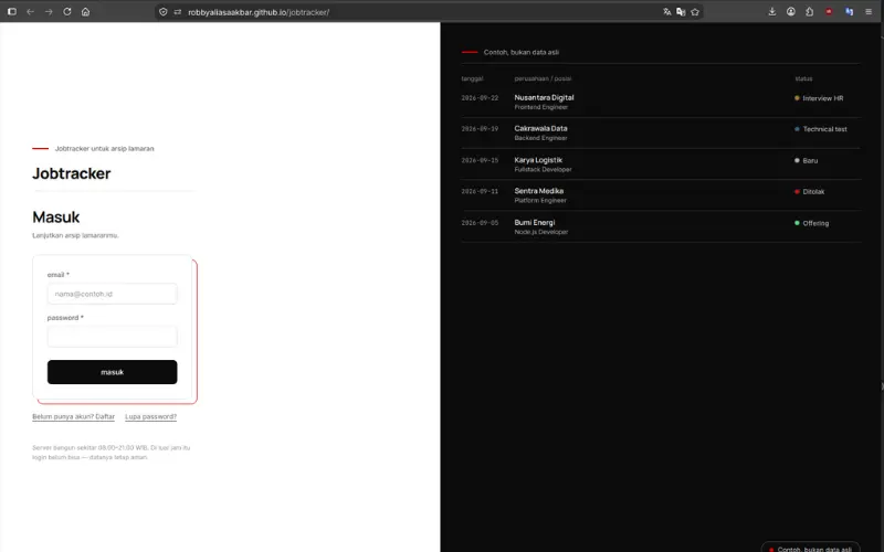 JobTracker login page with sample ledger panel - Robby Aliasa Akbar