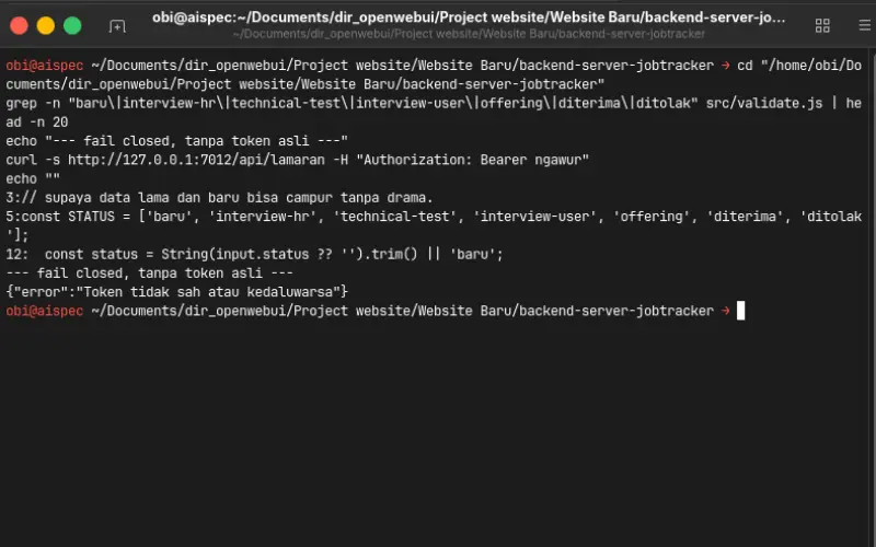 Terminal showing seven status enum and fail closed token rejection - Robby Aliasa Akbar