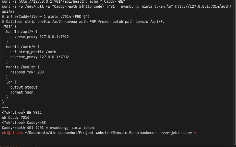 Terminal showing Caddy one door routing and health checks - Robby Aliasa Akbar