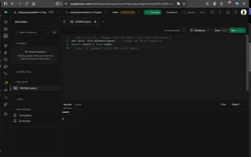Supabase SQL editor showing zero rows for an account that does not own the data - Robby Aliasa Akbar
