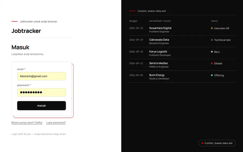 JobTracker login page live with sample ledger panel marked as demo data - Robby Aliasa Akbar
