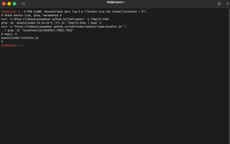 Terminal grepping the live bundle for old funnel and localhost addresses - Robby Aliasa Akbar